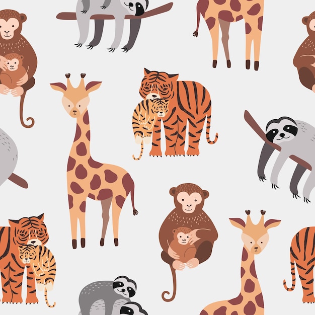 Seamless pattern with various cute and funny cartoon zoo animals on white background - monkeys, sloth, tiger, giraffe. Colorful vector illustration for fabric print, wallpaper, wrapping paper.