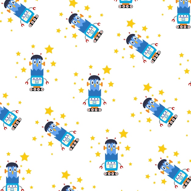 Seamless pattern with various cute robots perfect for wrapping paper