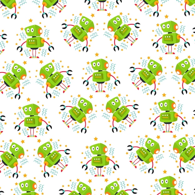 Seamless pattern with various cute robots perfect for wrapping paper