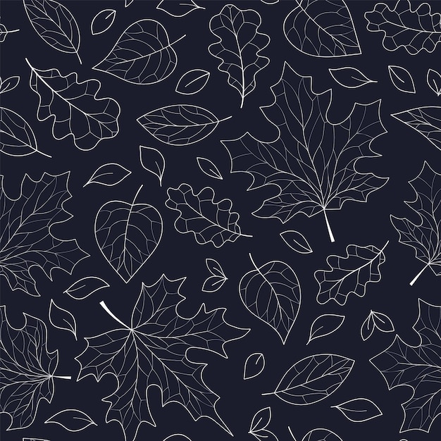 Seamless pattern with various leaves autumn leaves outline