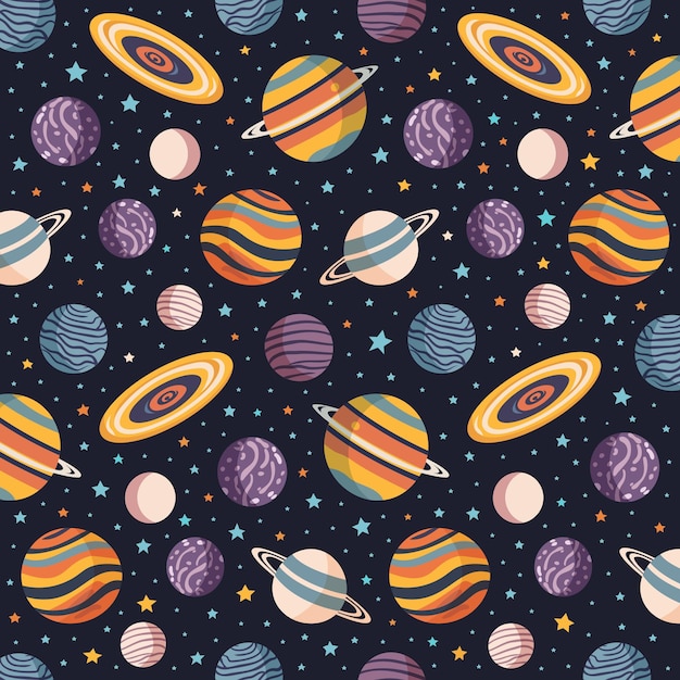 Vector seamless pattern with various multicolored colorful planets and stars on the cosmic space background