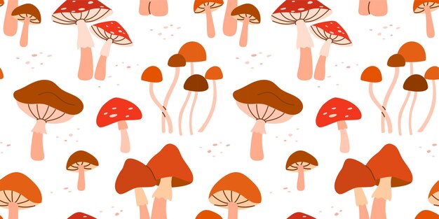 Vector seamless pattern with various mushrooms autumn repeat design with fungi