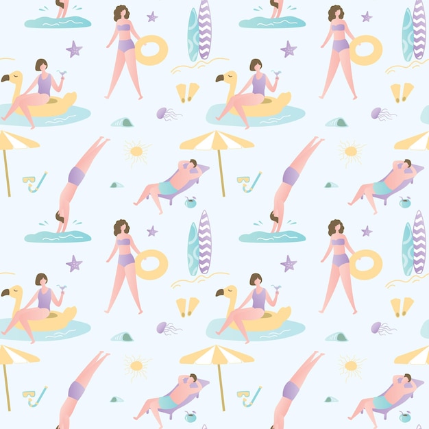 Seamless pattern with various people on beach men and women in swimsuits vector illustration