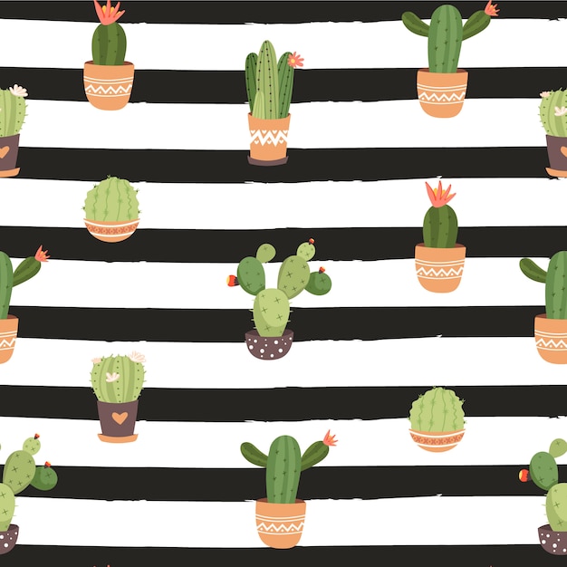 Seamless pattern with various pot of cactus on striped background.