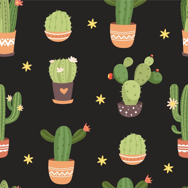 Seamless pattern with various pot of cactus.