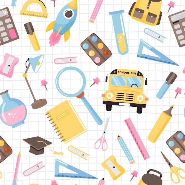 Seamless pattern with various school supplies back to school illustration