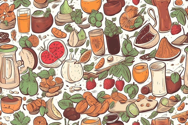 様々 な全体とスライスしたフルーツ ベリー野菜とのシームレスなパターン夏のベクトルの背景