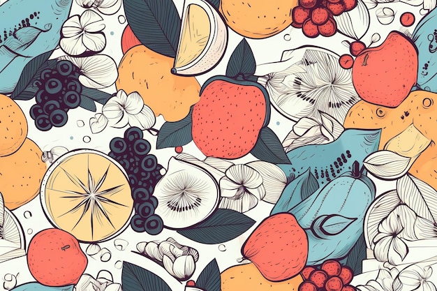 Seamless pattern with various whole and sliced fruits berries vegetables summer vector background