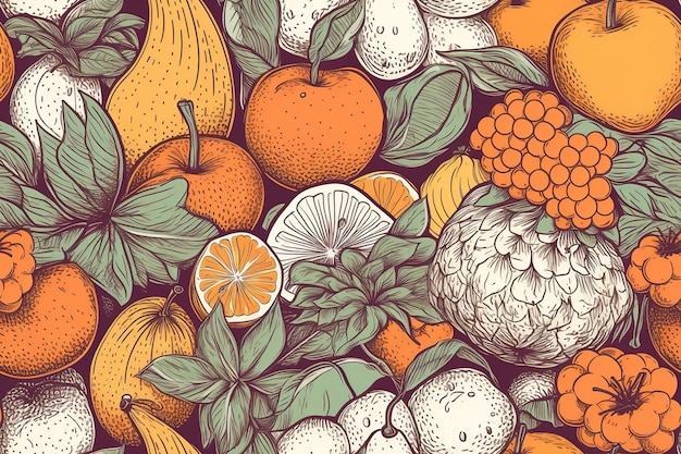 Seamless pattern with various whole and sliced fruits berries vegetables Summer vector background