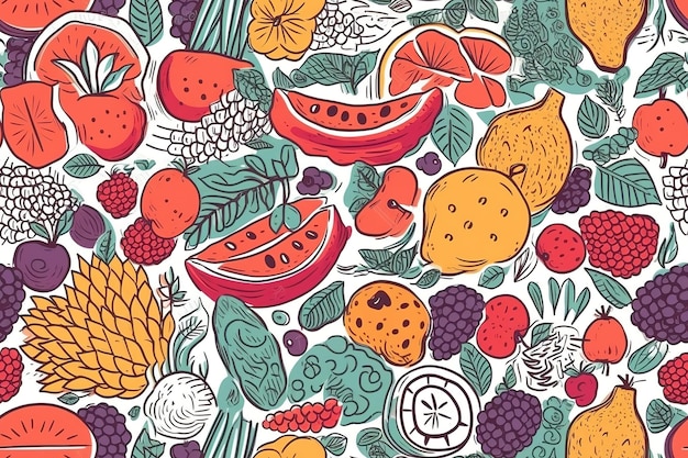 Seamless pattern with various whole and sliced fruits berries vegetables summer vector background