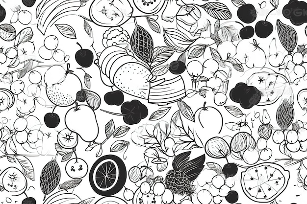 Seamless pattern with various whole and sliced fruits berries vegetables summer vector background