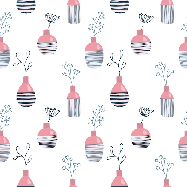 Seamless pattern with vases and flowers