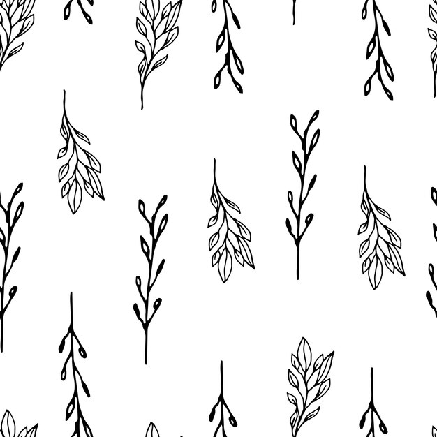 Seamless pattern with vector black and white branches Vector graphics of minimalistic flowers