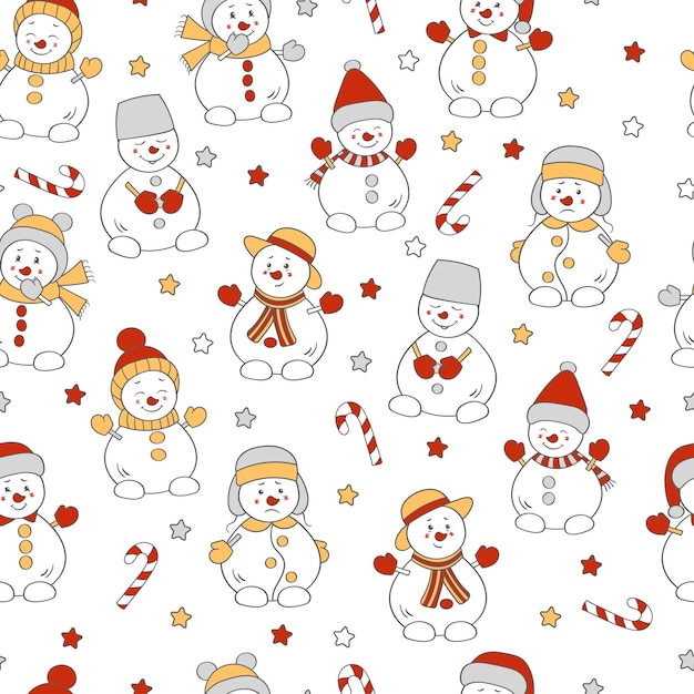 Seamless pattern with vector cute Christmas snowmen in winter hats