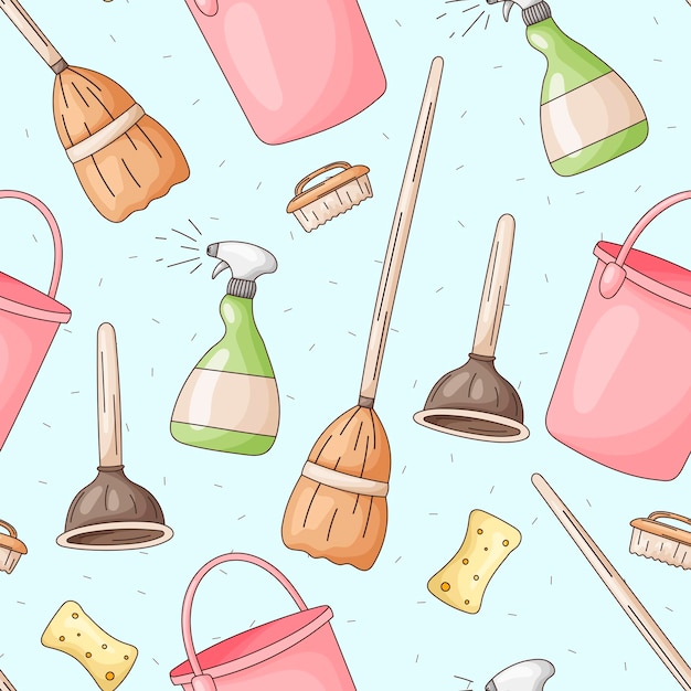 Seamless pattern with vector icons of house cleaning, washing and freshness. cartoon bottles of detergent, mops, washcloths, sponges and brooms.