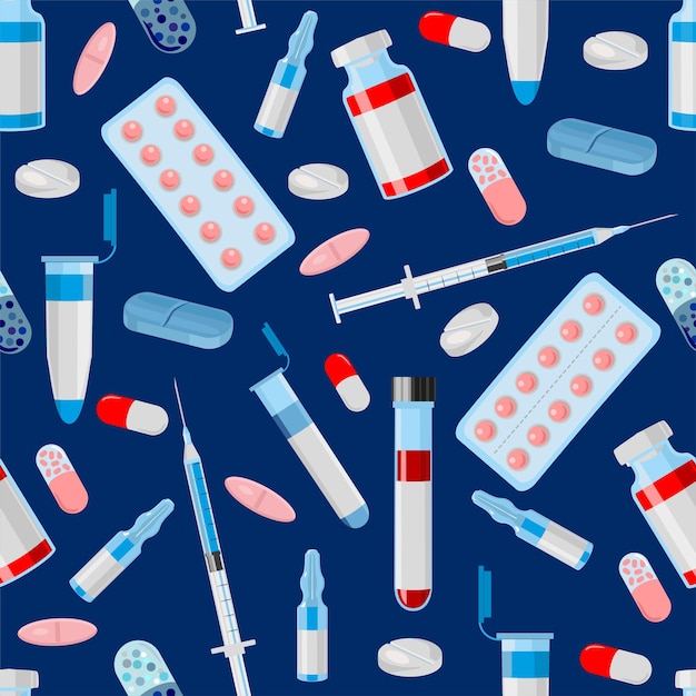 Vector seamless pattern with vector medical icons in flat style. pills, ampoules, syringes and capsules in different colors, shapes and sizes, isolated elements. seamless background, pattern