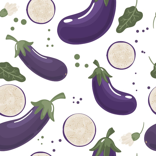 Vector seamless pattern with vegetables bright eggplants of different colors and sizes pieces and leaves
