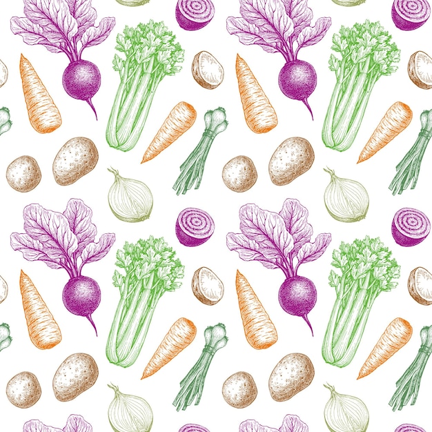 Seamless pattern with vegetables. Colored ink sketches on white background. Vintage style.