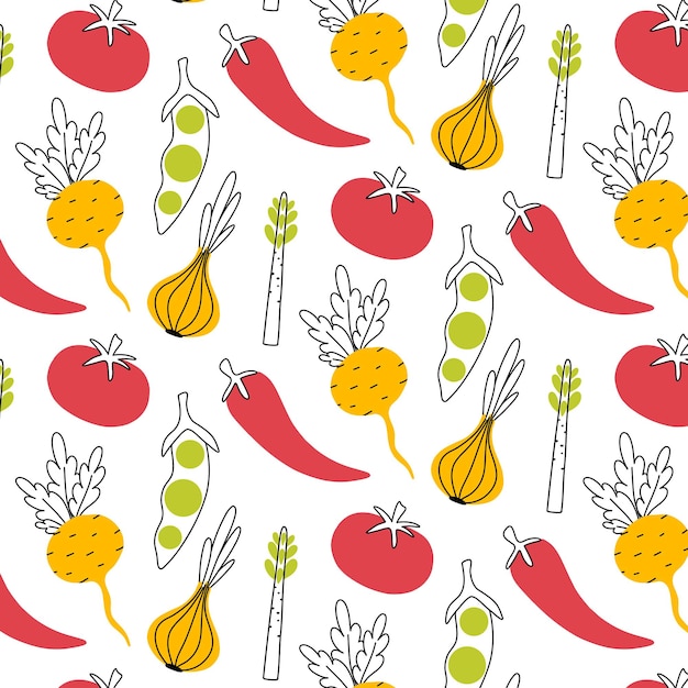 Seamless pattern with vegetables in doodle stele Pattern with horse crops in a linear style Modern print with vegetables with color Vector illustration