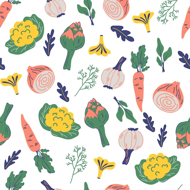 Seamless pattern with vegetables. food ornament with artichoke, cauliflower, onion, garlic, carrot. healthy food. vegan, farm, organic, natural background. for print, menu, restaurant, kitchen textile