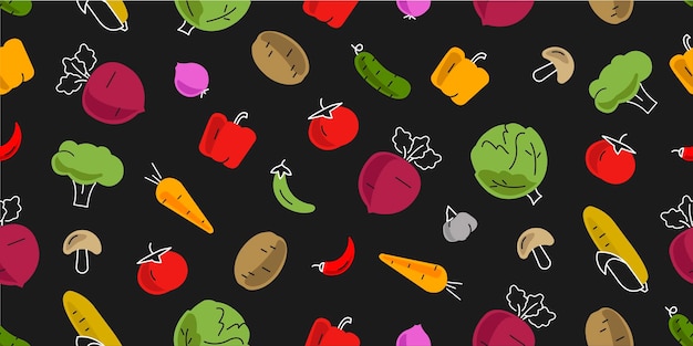 Vector seamless pattern with vegetables icons simple bright and colourful illustrations hand