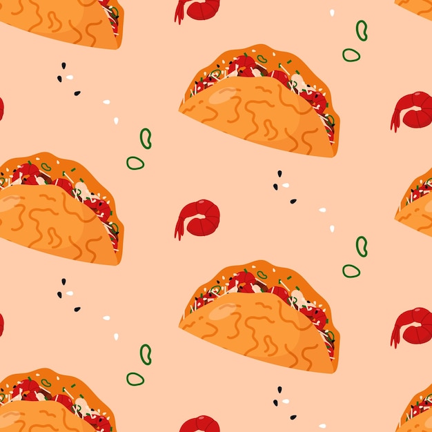 Seamless pattern with vietnamese rice pancake or banh xeo, prawns and green onions.