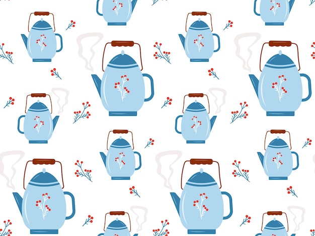 Seamless pattern with a vintage Blue teapot on a white background Vector