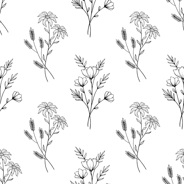 Vector seamless pattern with vintage flower design on white background. hand drawing floral design