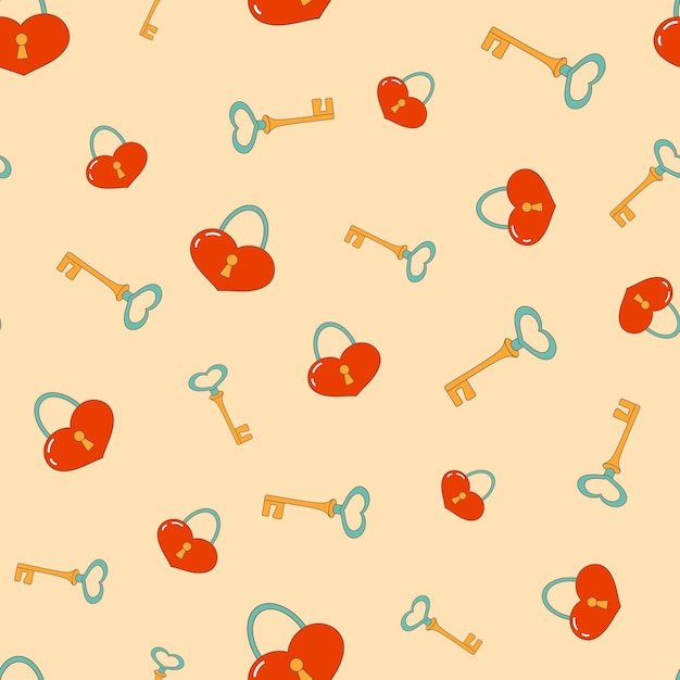 seamless pattern with vintage groovy locks and keys. retro background. vector.