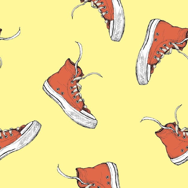 Seamless pattern with vintage red sneakers hand drawn background or texture vector illustration