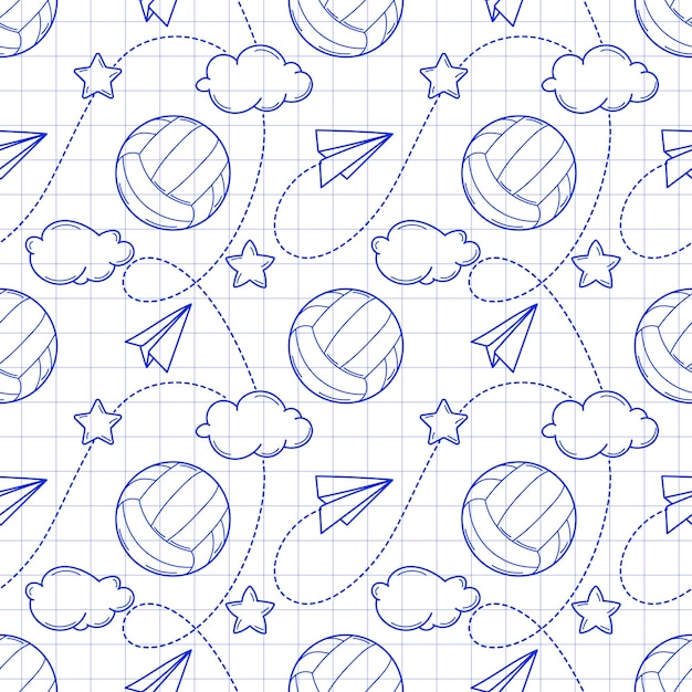 Seamless pattern with volleyballs in sketch style on a white checkered background