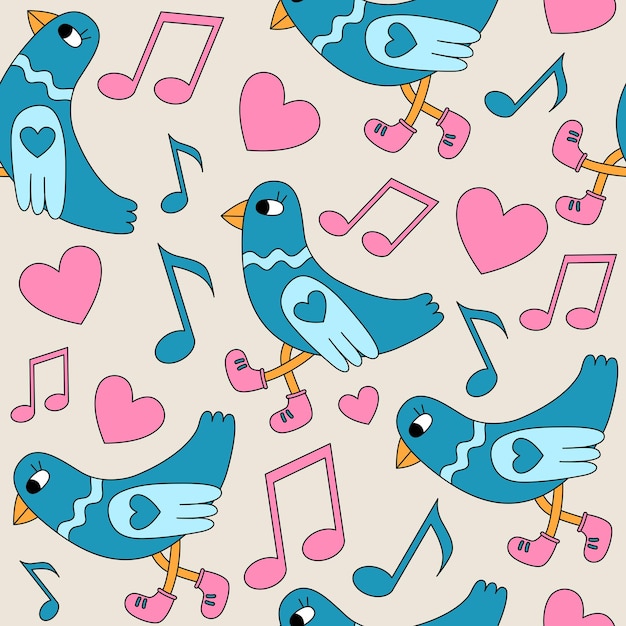 Seamless pattern with a walking dove bird notes and hearts Disco music concept Retro style vector