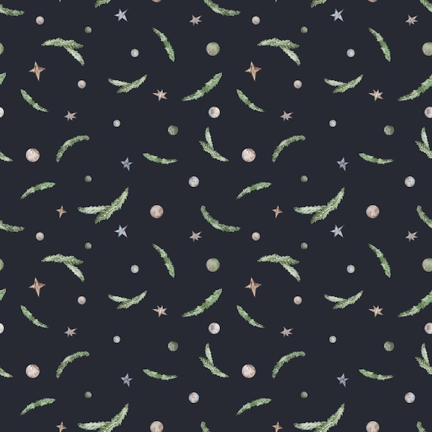 Seamless pattern with watercolor branches and stars