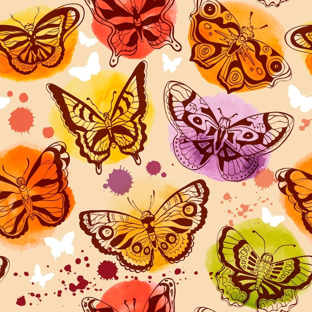 Vector seamless pattern with watercolor butterflies