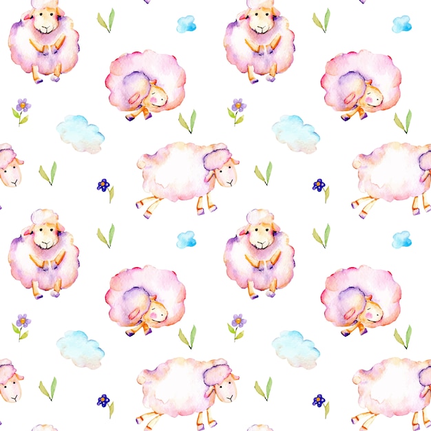 Seamless pattern with watercolor cute pink sheeps