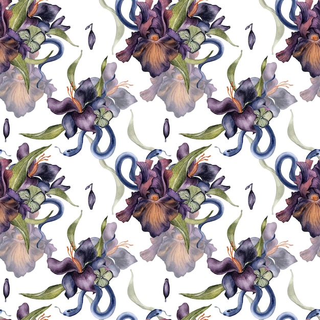 Vector seamless pattern with watercolor dark iris flower and snake isolated on white gothic floral print hand drawn dark botanical decoration for package element for design textile wallpaper wrapping