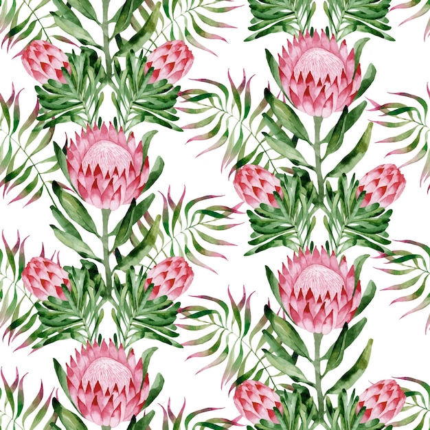 Seamless pattern with watercolor handpainted exotic flowers of protea and leaves