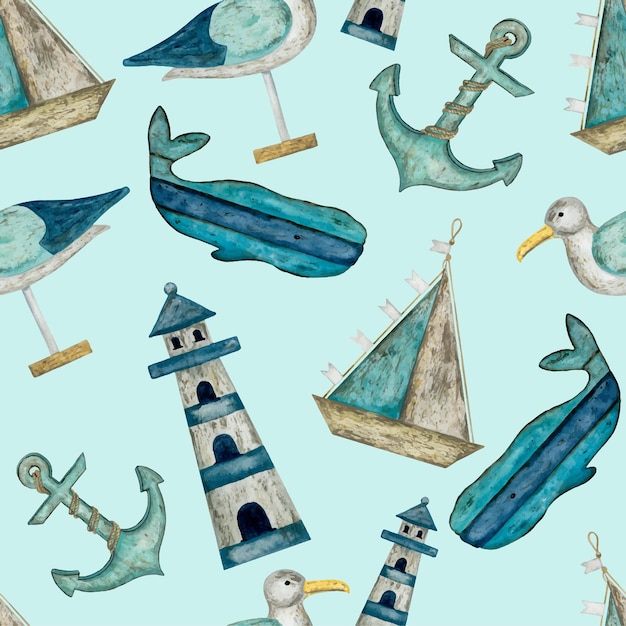 Бесшовный рисунок с акварельными маяками ставит на якорь китов и лодки
