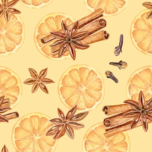 수채화 Mulled 와인 성분-오렌지, 아니스, 정향, 계피 스틱으로 완벽 한 패턴입니다.