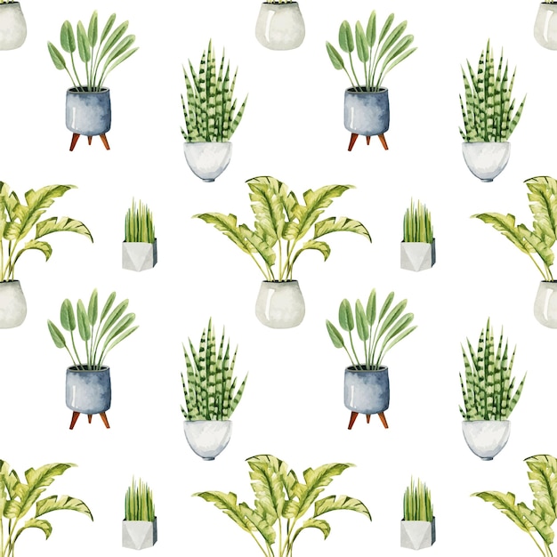 seamless pattern with watercolor potted plants