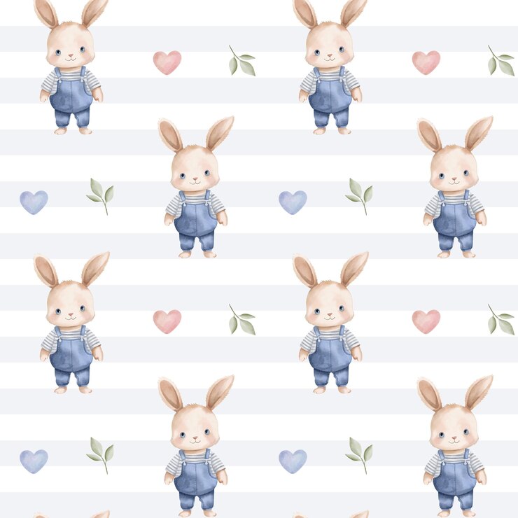 Vector seamless pattern with watercolor rabbit and hearts cute childish print springtime background