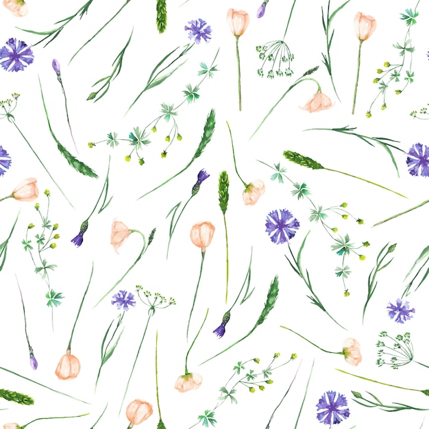 Seamless pattern with watercolor wildflowers and cornflowers