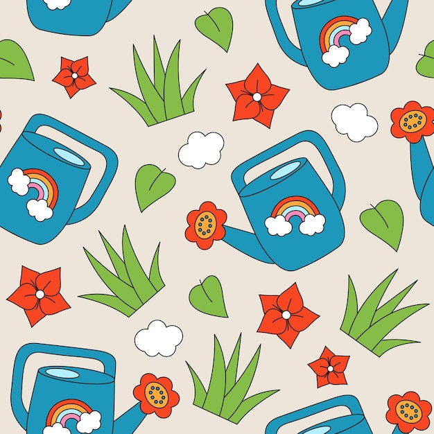 Seamless pattern with watering can flowers leaves and grass Spring summer garden concept Retro style