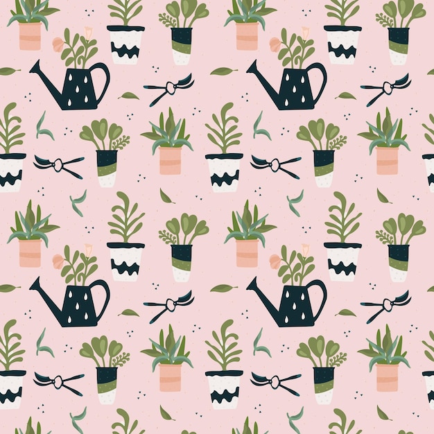 A seamless pattern with watering can and plants.