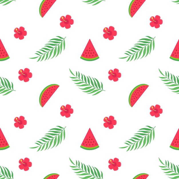 Seamless pattern with watermelon tropical leaves and flowers