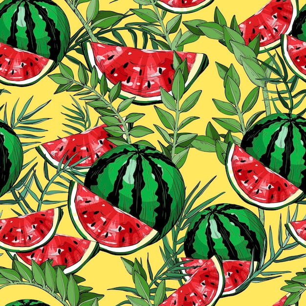 Seamless pattern with watermelons and green tropical leafs and plants