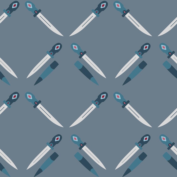 Vector seamless pattern with weapons on a dark gray background sharp blade and sheath vector illustration
