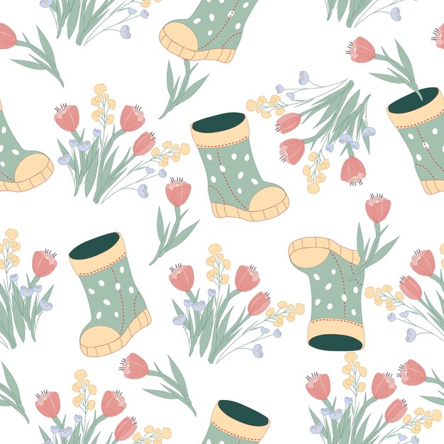 Vector seamless pattern with wellies boots and flowers vector illustration