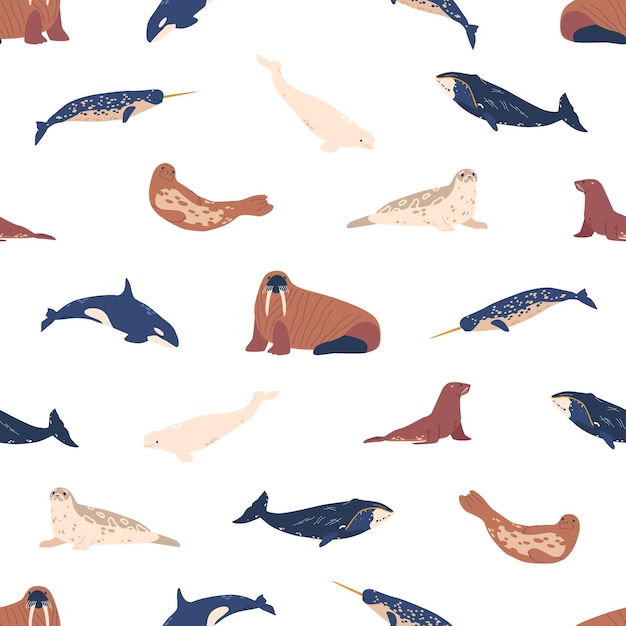 クジラセイウチオルカとイッカクとアザラシのシロイルカとのシームレスなパターン北極海の動物海洋生物水の生き物漫画ベクトル水平境界線タイル背景壁紙