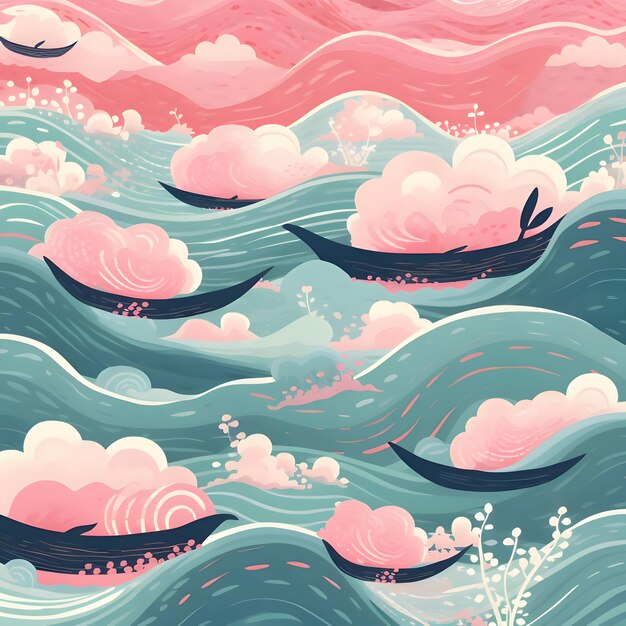 Seamless pattern with whales and clouds vector illustration in retro style